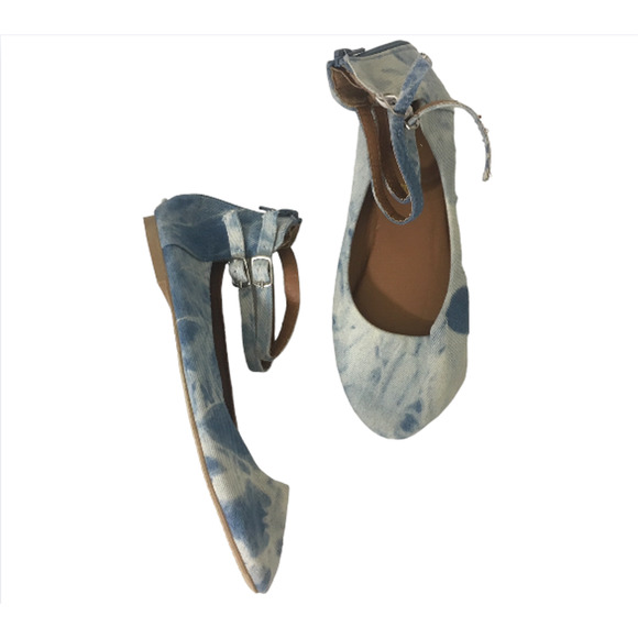 VINTAGE Acid Wash Ankle Strap Flats - Size 7 - Blue Jean Denim Stonewash Shoes - Picture 2 of 5